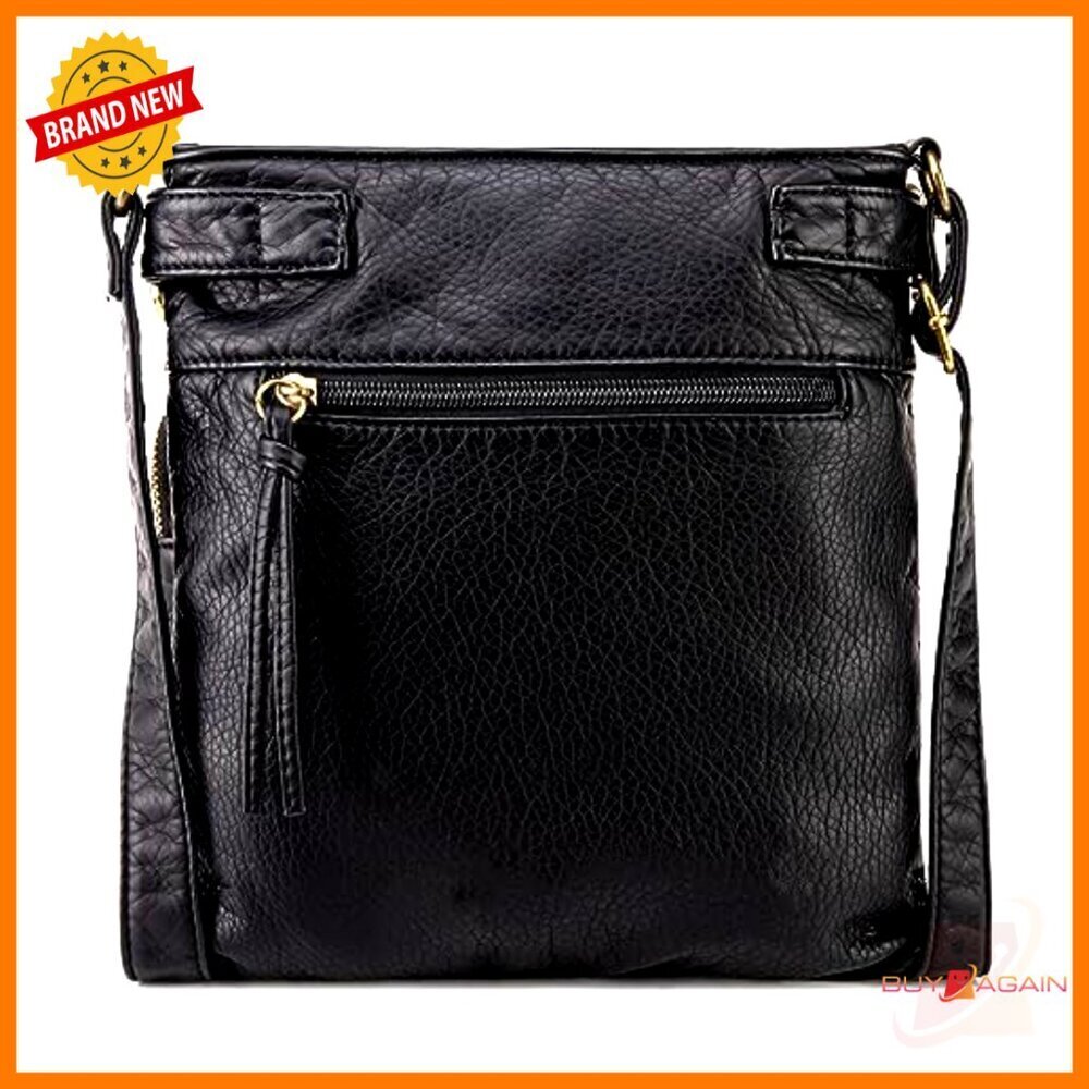 Vegan Leather Crossbody Bag with 9 Pockets, Adjustable Strap - Picture 6 of 7